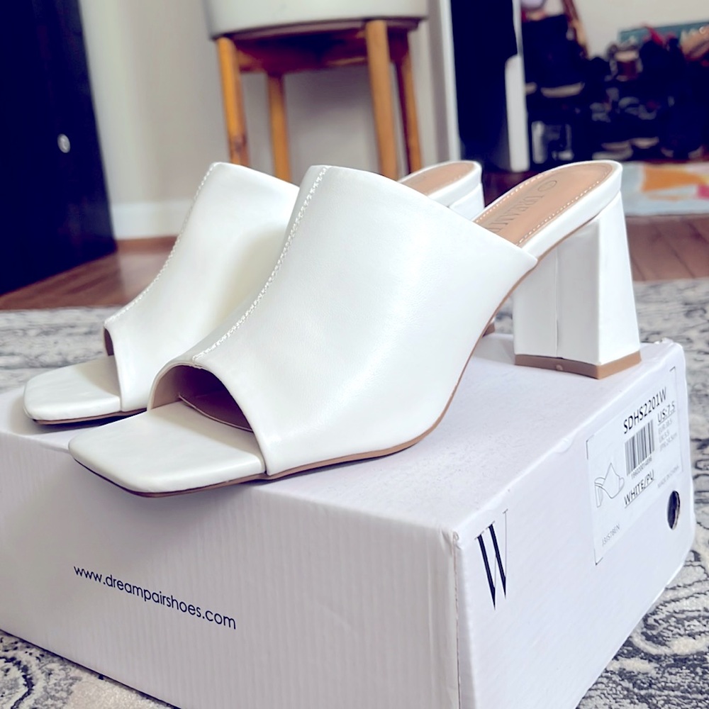 Modern block heel slip on sandals